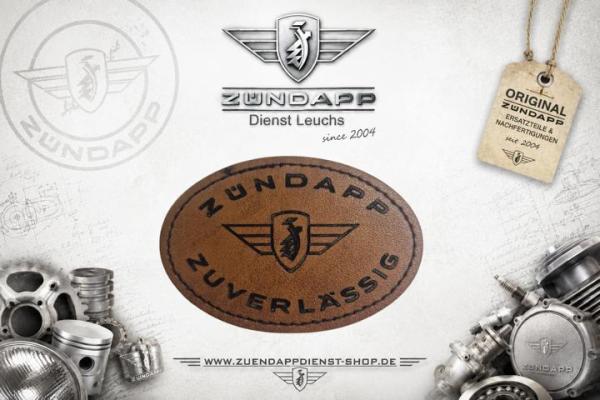ZÜNDAPP „ZUVERLÄSSIG“ Kunstleder-Patch Braun · Zündapp Flügelwappen · Lasergraviert · Zum Aufbügeln